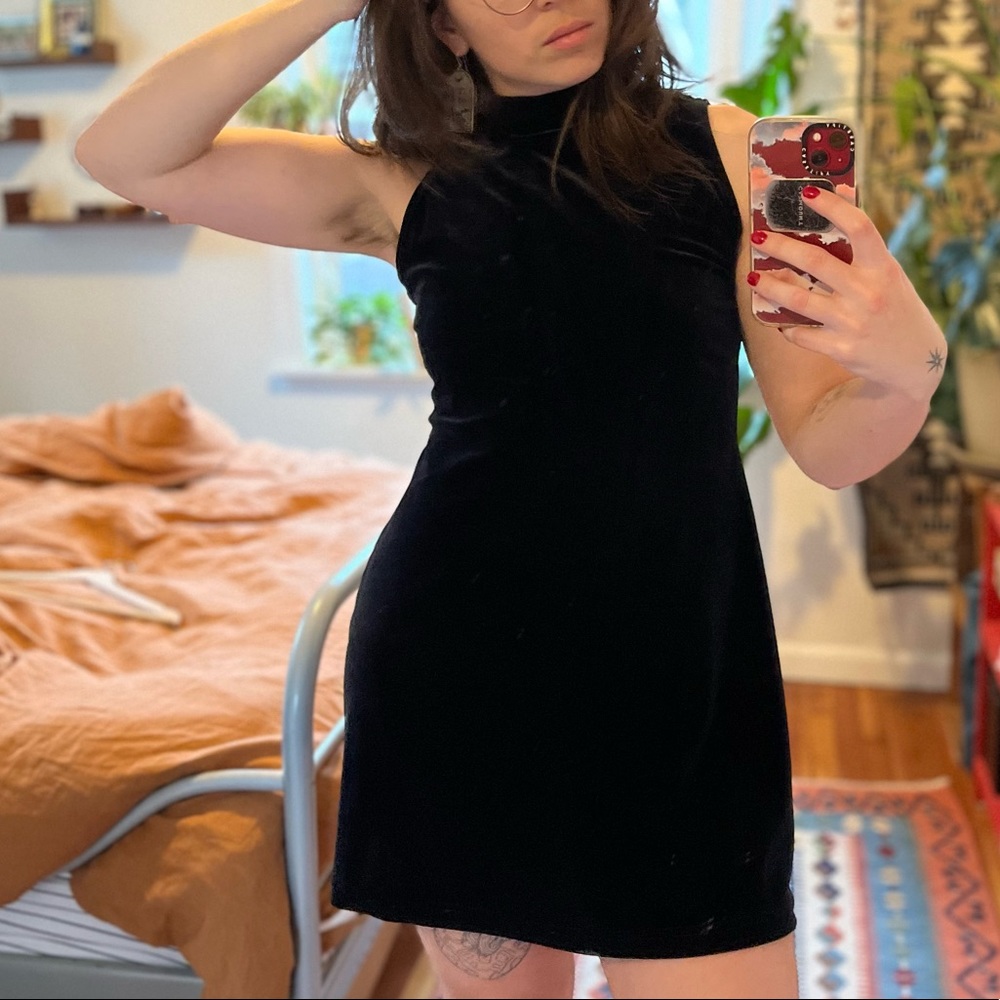 Vintage Black Velvet Mockneck Mini Dress